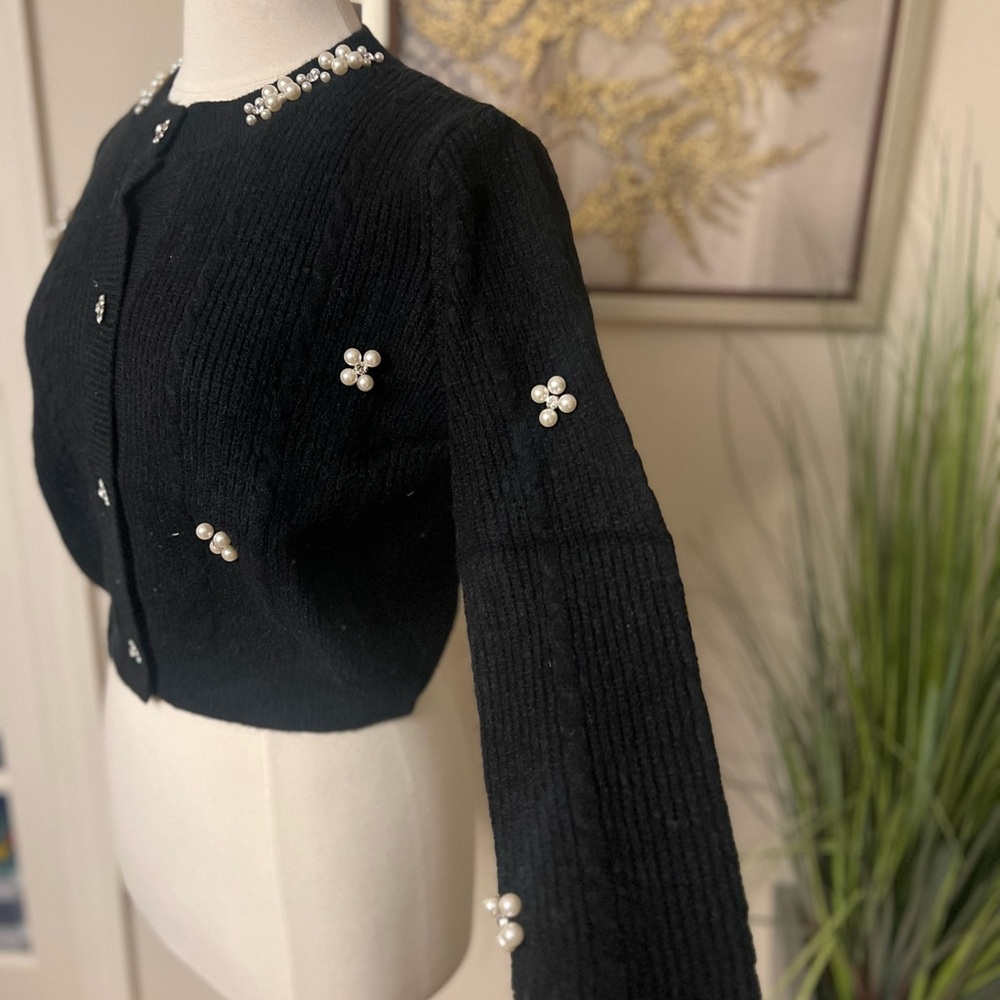 Black Cardigan with Pearl Embellishments - Picture 2 of 4
